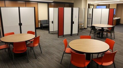 Open collaboration area small round tables and whiteboard partitions