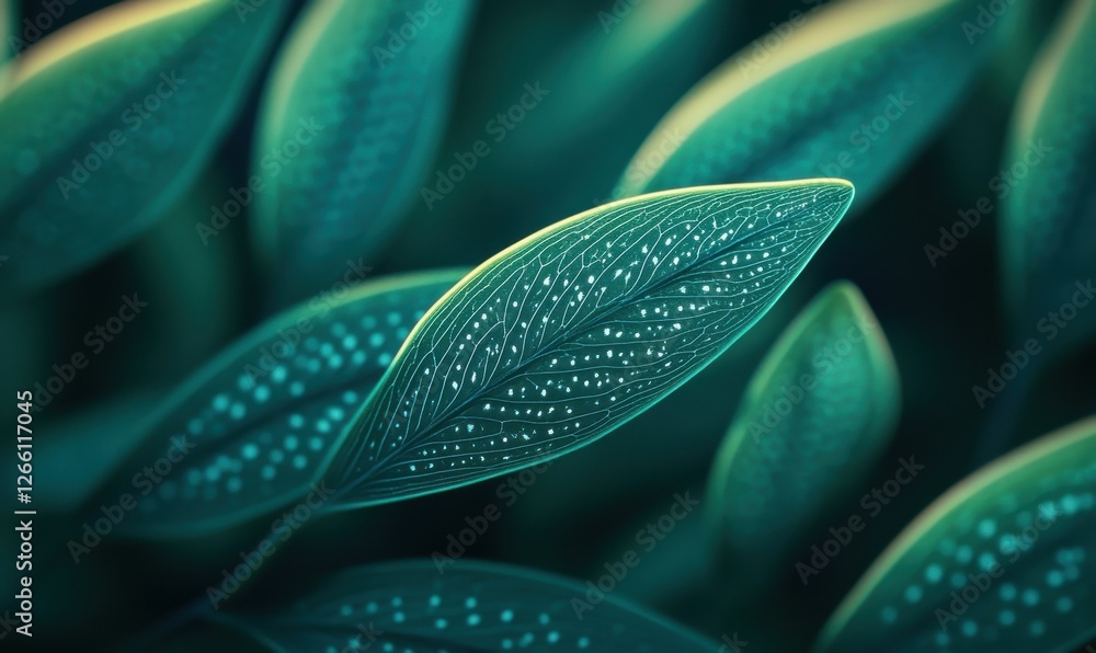 Poster abstract macro shot of vibrant green leaves with intricate patterns illuminated by soft light.