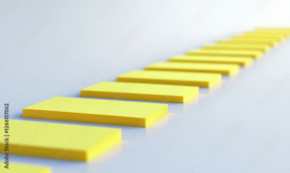 Poster sticky yellow notes aligned in perfect order on a smooth white surface, ideal for productivity and p