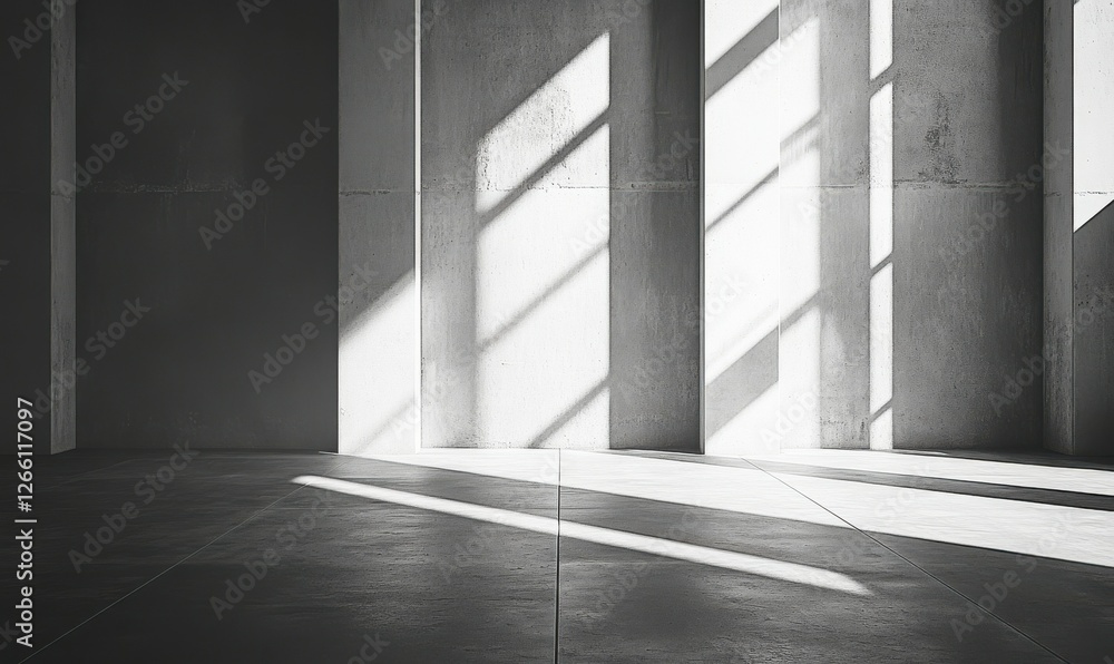 Poster stylish architectural rendering with high contrast shadows and concrete surfaces.