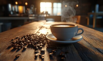 Steaming cup of coffee on a rustic wooden table, scattered coffee beans adding texture, warm cozy lighting with hints of morning sunlight, inviting and aromatic
