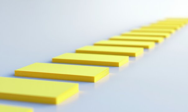 Sticky yellow notes aligned in perfect order on a smooth white surface, ideal for productivity and planning concepts.