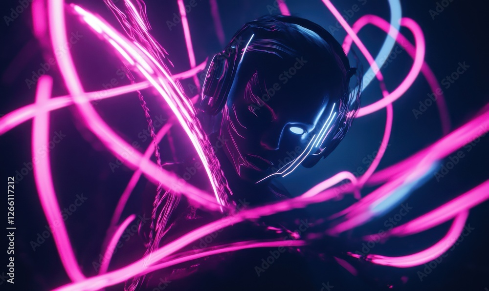 Poster abstract neon lines forming dynamic shapes on a dark background, soft glowing light creating a futur