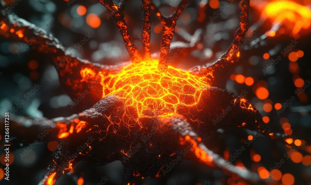 Poster abstract neural network concept with glowing nodes and vibrant orange pathways, advanced ai theme hi
