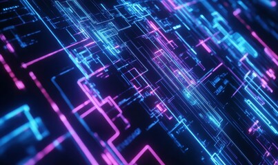 Abstract neon lines forming a geometric pattern on a dark background, vibrant blue and purple tones creating a futuristic look, modern and sleek