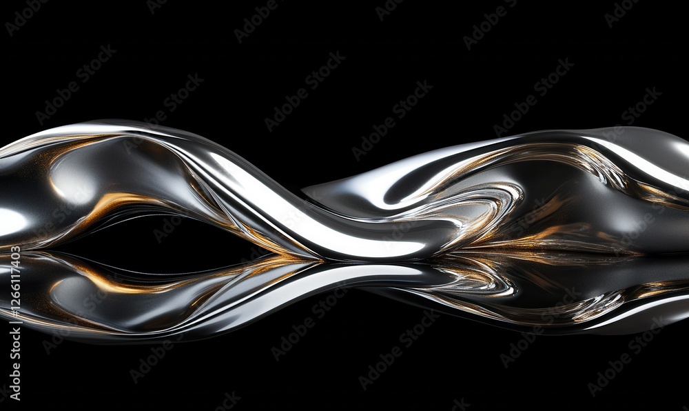 Aufkleber abstract rendering of metallic chrome liquid flowing smoothly on a black background, soft glowing re