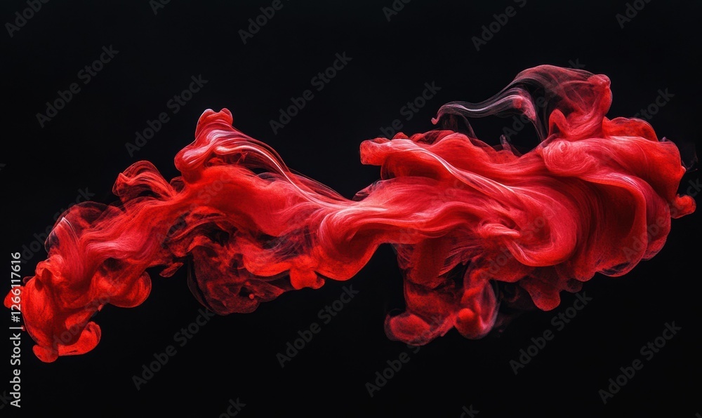 Poster abstract swirling red paint on a black background, bold color contrast and smooth texture creating a