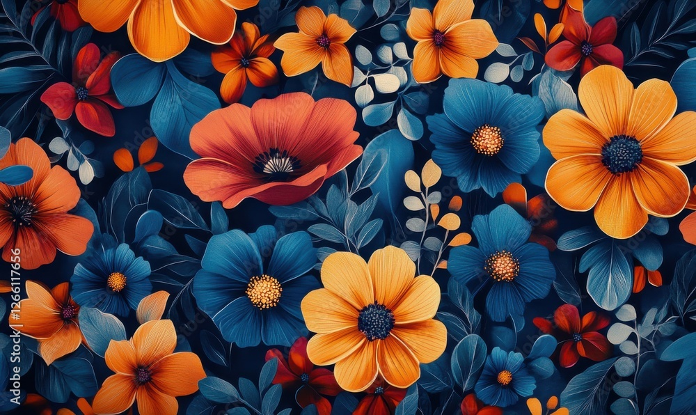 Poster abstract vibrant floral pattern with bold colors and intricate details, soft reflections creating de