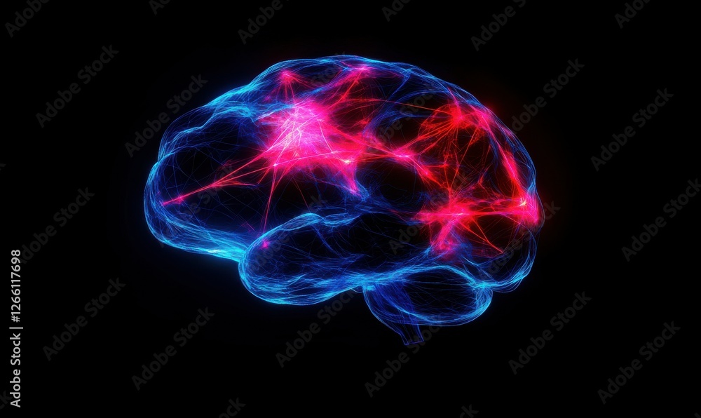 Poster abstract visualization of a glowing brain with vibrant neural connections, dynamic red and blue tone