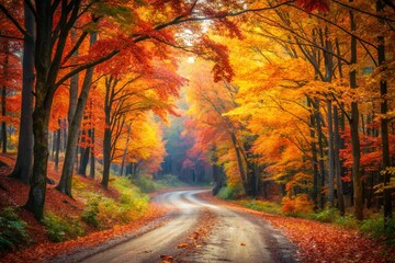 Fototapeta premium Surreal Maple Tree Dirt Road: Dreamlike Autumn Landscape Photography