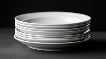 Clean white porcelain plates arranged in a stylish fanned stack on a soft background