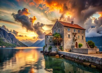 Fototapeta premium Surreal Montenegro: Bay of Kotor's Dreamlike Architecture