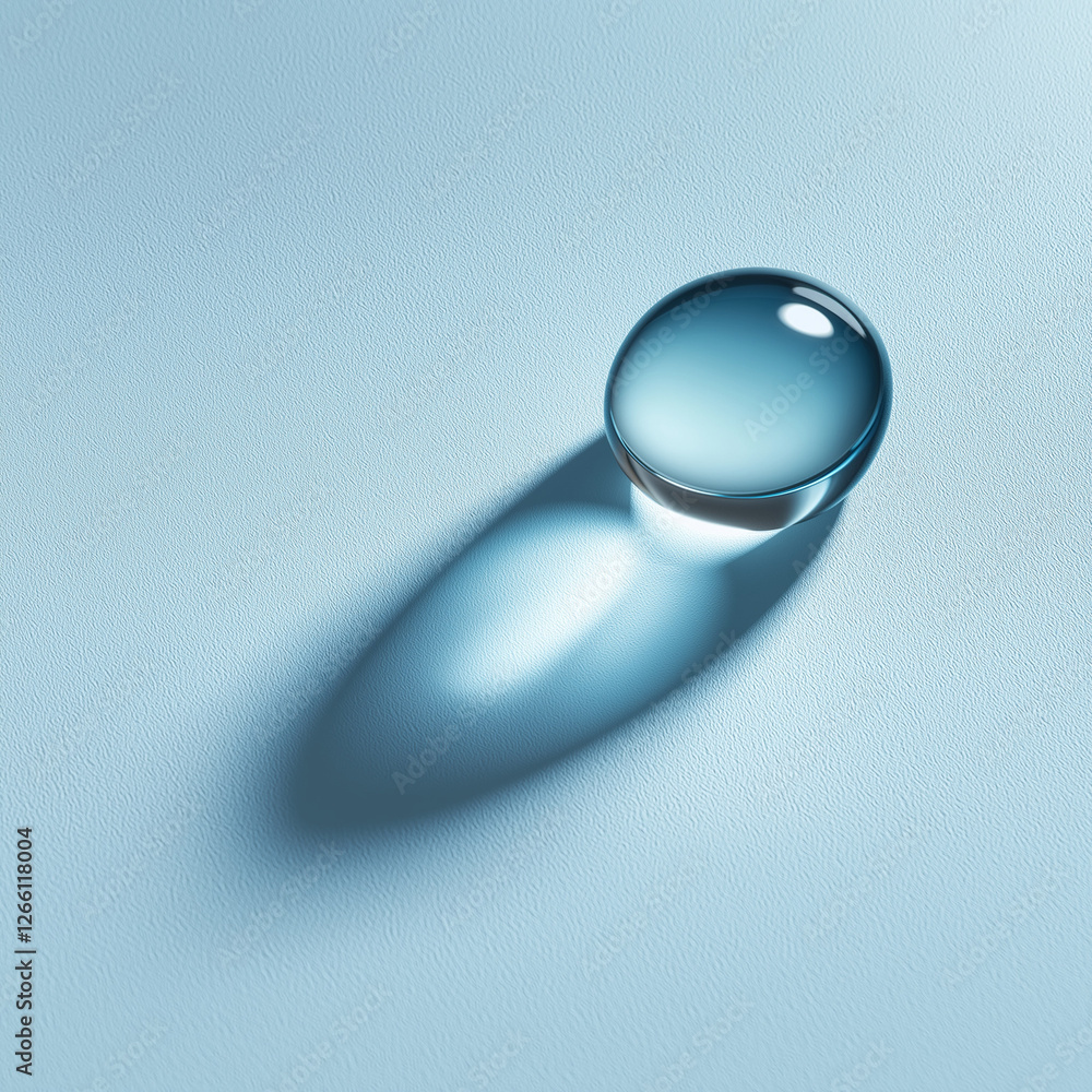 Poster perfect round water drop resting on smooth white surface with subtle reflections, highlighting simpl
