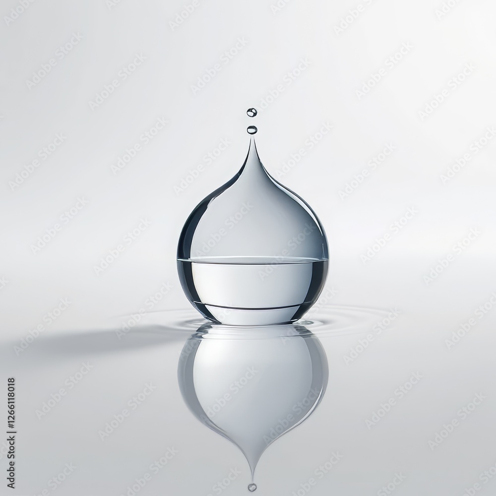 Poster perfect round water drop resting on smooth white surface with subtle reflections, highlighting simpl