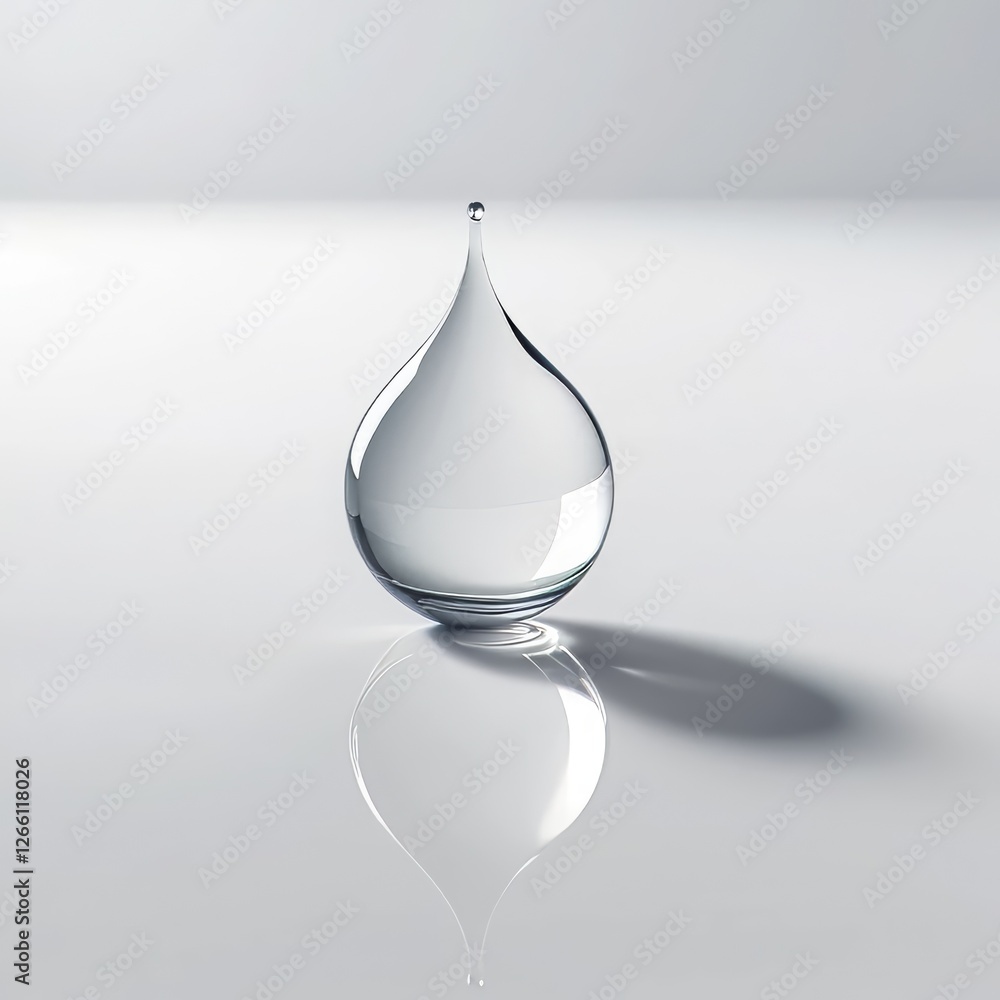 Poster perfect round water drop resting on smooth white surface with subtle reflections, highlighting simpl