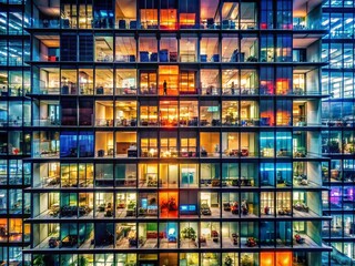 Surreal Night Office Building: Illuminated Windows, Modern Architecture