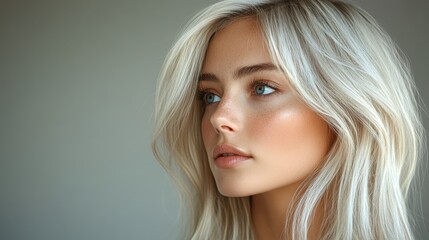 Fototapeta premium Profile of a woman with sleek platinum blonde hair on a light gray background