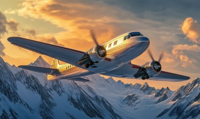 Fototapeta premium Vintage plane soaring over snow-capped mountains during golden hour, with dramatic lighting emphasizing its sleek lines, symbolizing adventure.