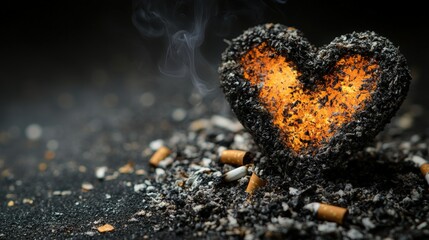 Fototapeta premium Heart shape formed by cigarette ash and glowing embers against a black background