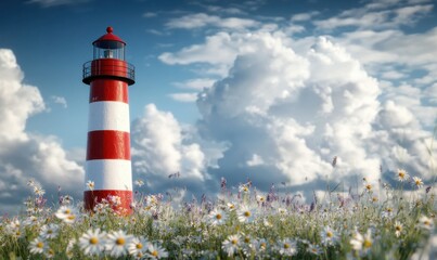 Classic red-and-white lighthouse standing tall near a field of wildflowers under a cloudy blue sky for a serene coastal aesthetic