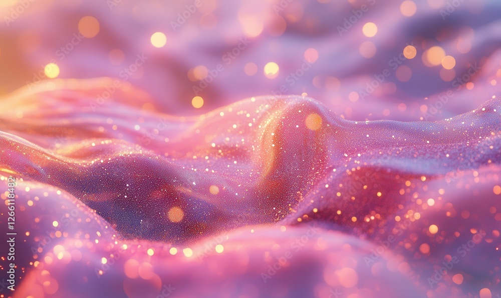 Poster close-up of glittering particles floating in a pink glowing haze, vibrant bokeh lights creating a dr