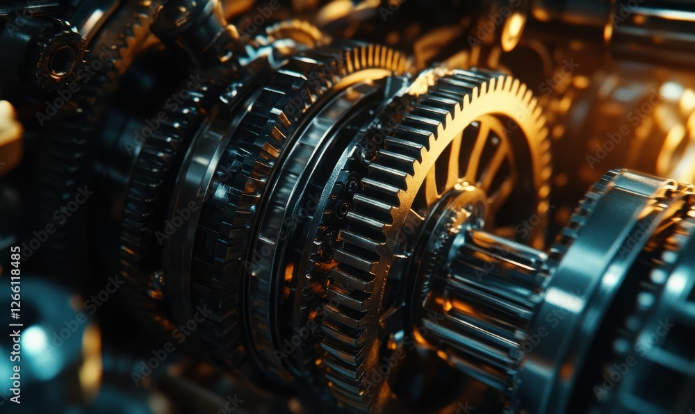 Poster close-up of gears and mechanical parts inside a large machine, with detailed textures illuminated by