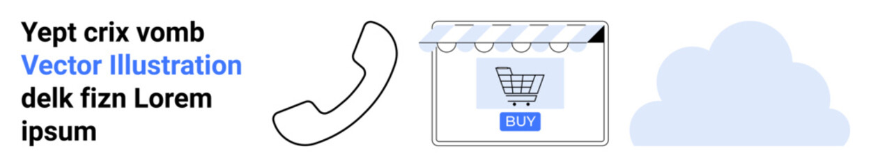 Telephone handset, digital storefront with shopping cart and buy button, and cloud icon. Ideal for e-commerce, technology, customer service, online sales, digital marketing, cloud solutions flat