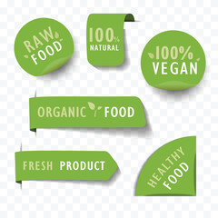 Organic healthy food label and natural banner.  Tag and Sticker bio Farm,  vegan restaurant, eco product. Vector template graphics.