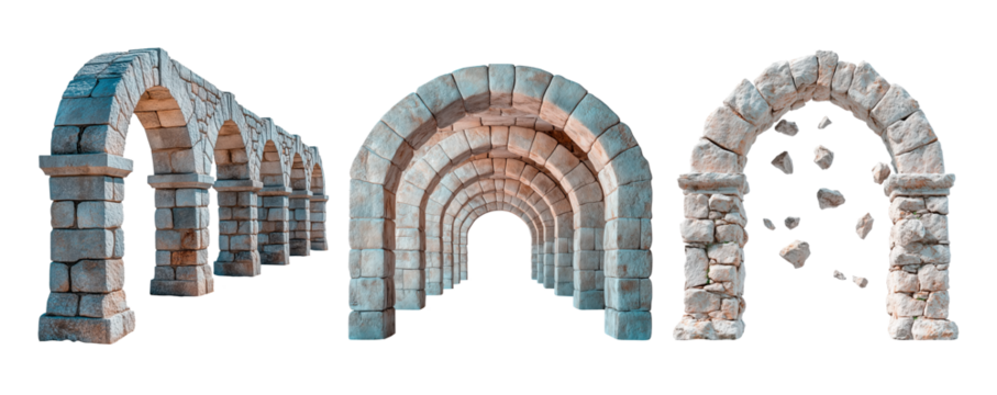 Set of ancient stone arches isolated on a transparent background. Includes a perspective view of a row of arches, a centered tunnel-like structure