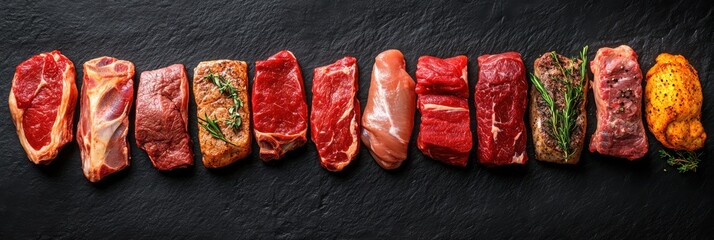 Outline of a tote bag formed by various fresh meats on a dark textured background