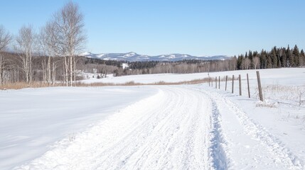 Obraz premium Snow-covered path through winter field, mountains background