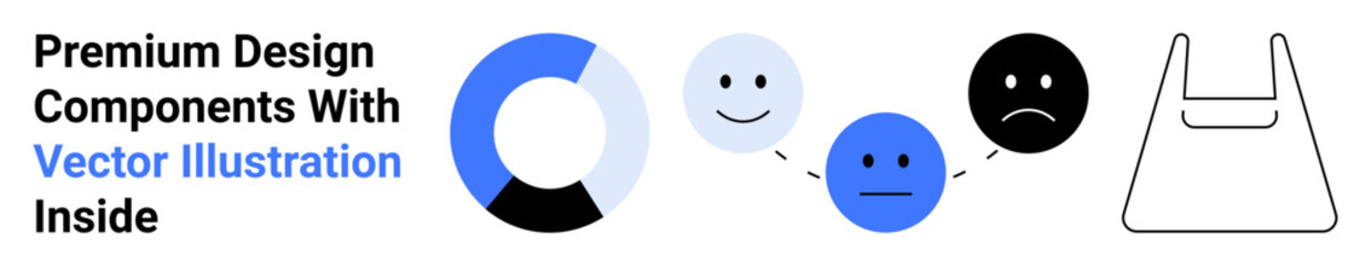 Fototapeta premium Circular graph, emotive faces shifting from happy to sad, abstract bag icon. Ideal for analytics, emotions, creativity, design tools, presentations retail digital marketing. Flat landing page