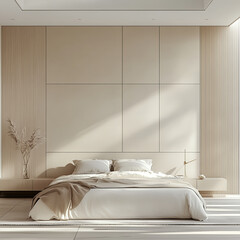 White minimalist bedroom with light wood paneling and beige square grid tiles on the wall, accentual, subtle colors, modern luxury interior design in the style