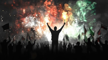 Celebratory crowd with fireworks and flags in a vibrant atmosphere.