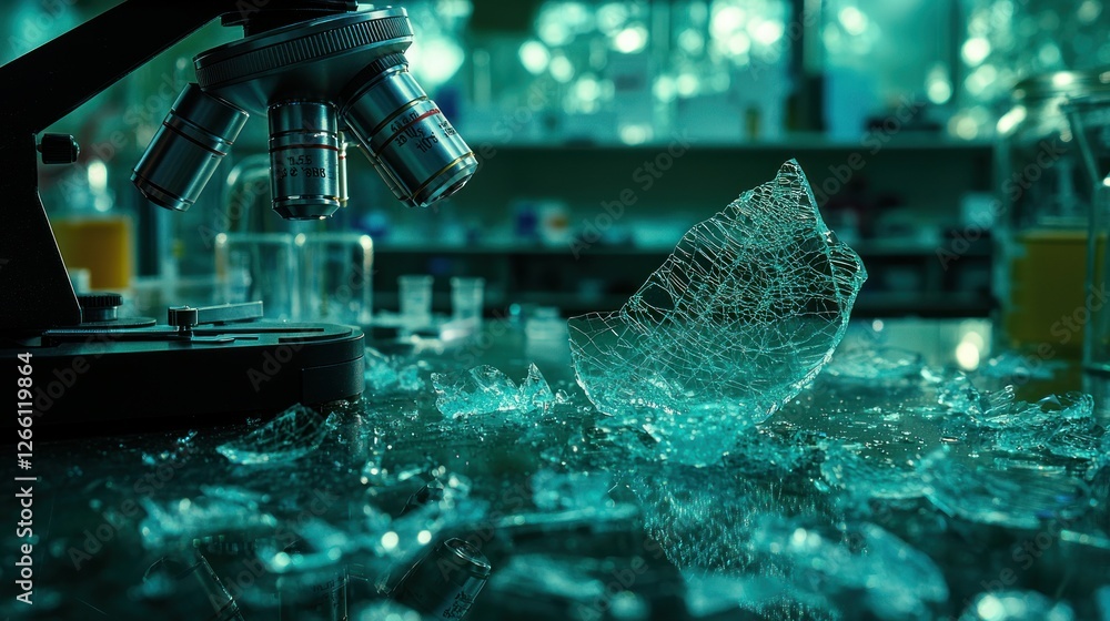 Poster laboratory accident with broken glass next to microscope in science environment