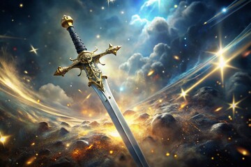 Fototapeta premium Surreal Silver Sword with Golden Cross Hilt - Fantasy Weapon Stock Photo