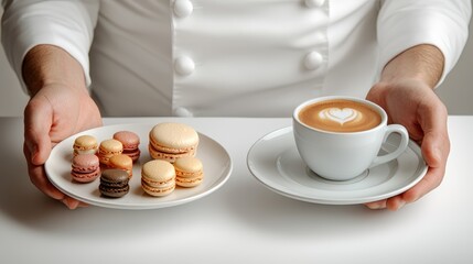 Elegant presentation of macarons and espresso by a waiter poised for service