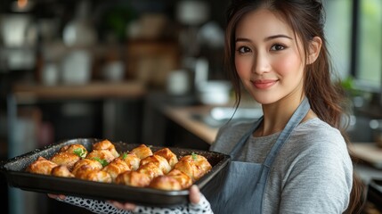 Young woman removes crispy spring rolls from oven in a modern kitchen