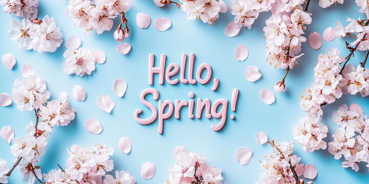 "Hello, Spring!" in pink script amidst delicate cherry blossoms on a light blue background.  Celebrates the season with a fresh, airy feel.