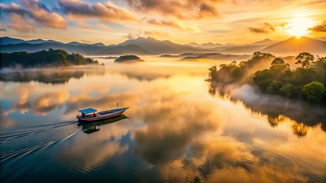 Surreal Sunrise over Foggy Rio Dulce Lake, Guatemala: Misty Mountains & Serene Boat