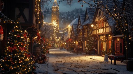 Fototapeta premium Picturesque european village street decorated for christmas in winter