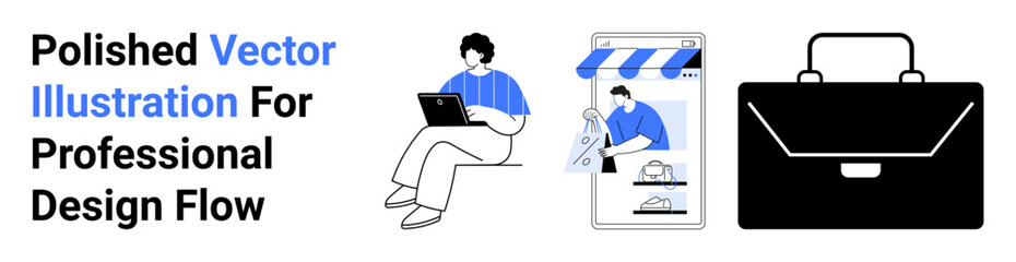 Freelancer using laptop, mobile e-commerce storefront, professional briefcase. Ideal for business, remote work, technology, e-commerce, marketing, professionalism flat landing page banner
