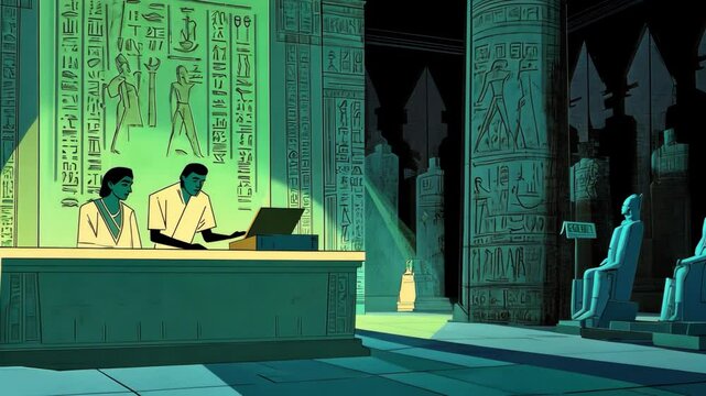 Ancient Egyptians working in a temple during a moonlit night, surrounded by hieroglyphs and sculptures