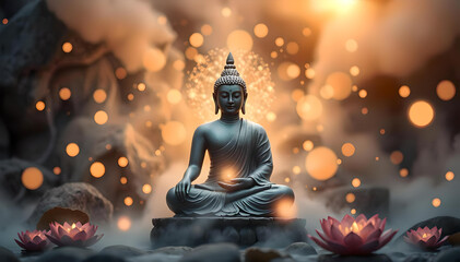 Mystical Buddha statue surrounded by ethereal light, mist, and lotus flowers, radiating serenity, spiritual energy, and deep meditation in a tranquil, sacred composition