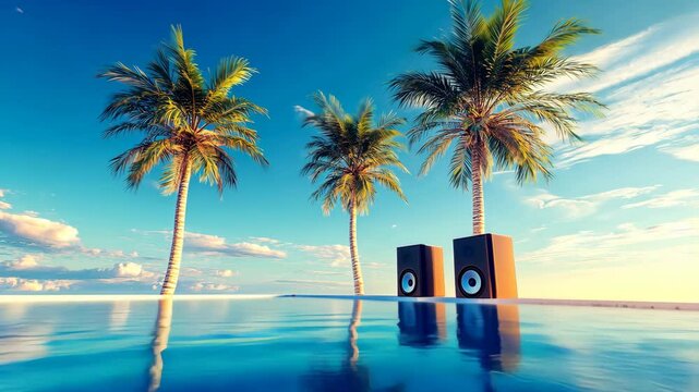 Relaxing tropical oasis by the pool with palm trees and speakers under a clear blue sky