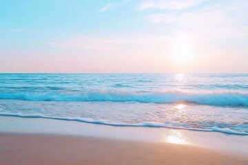 Fototapeta premium Serene sunset beach, gentle waves, tranquil sky, vacation backdrop