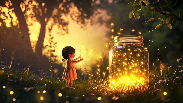 A Little Girl's Firefly Dream: A whimsical digital artwork depicting a young girl gently interacting with fireflies in a magical forest setting, at dusk.