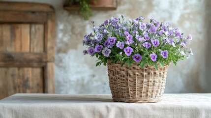 Wicker basket adorned with spring blossoms on Scandinavian dining table