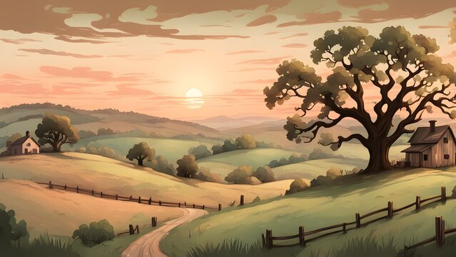 Serene sunset landscape painting of rolling green hills, farmhouses, and a large oak tree, perfect for idyllic countryside or rural setting illustrations.