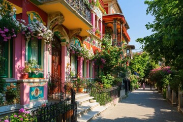 Obraz premium Colorful houses adorned with flowers in a vibrant neighborhood during a sunny day